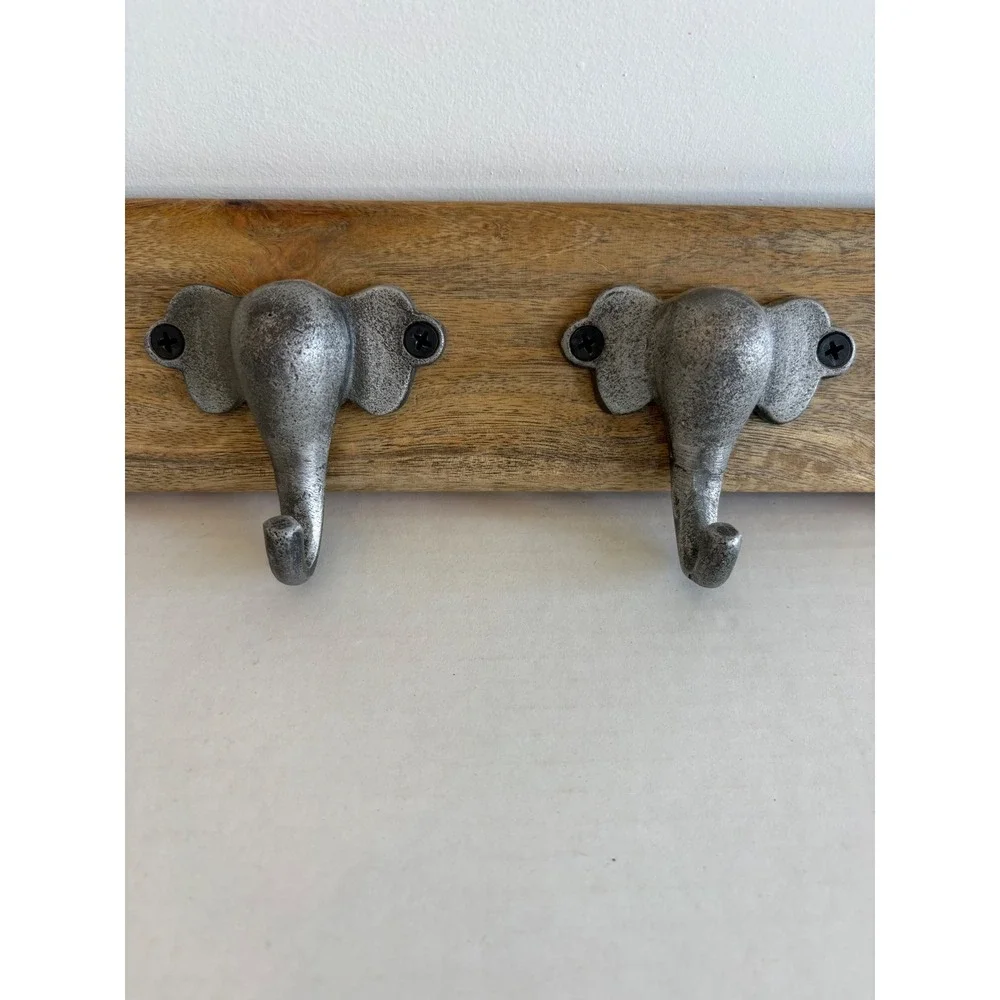 World Market Elephant Head Wall Hook Rack Wood Metal 5 Hooks Silver Brown 21